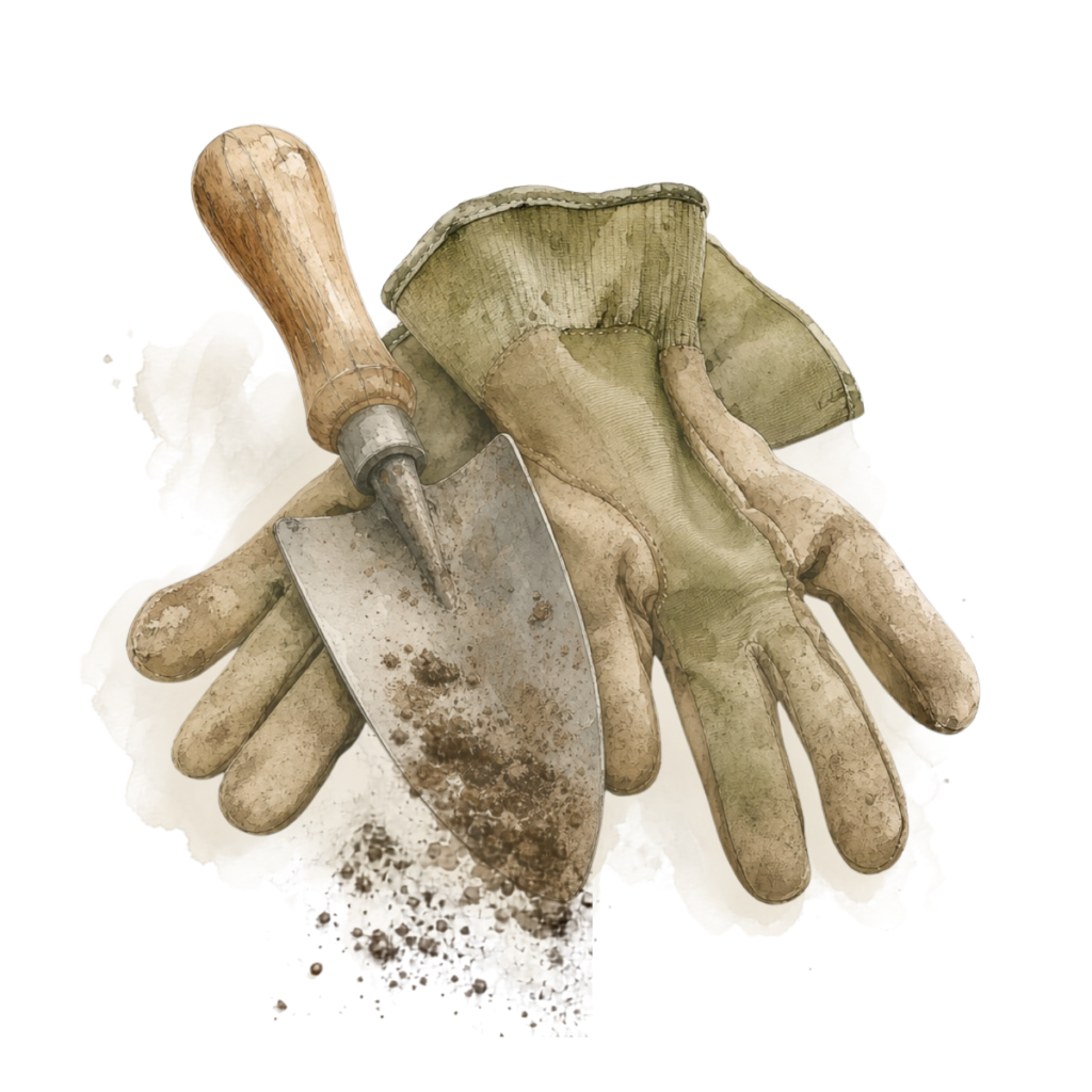 Worn garden gloves and hand trowel with scattered soil, illustrated in a soft watercolor style.