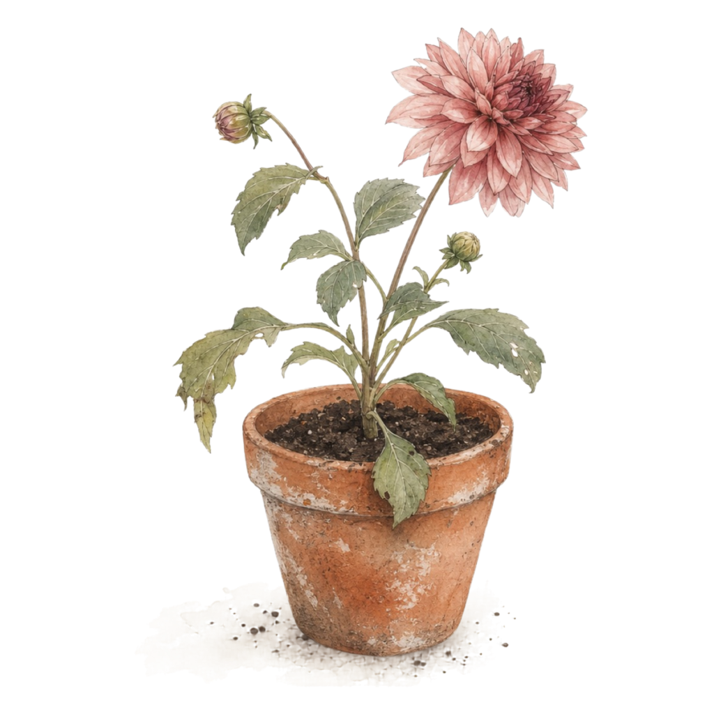 Pink dahlia plant growing in a weathered terracotta pot with leaves, buds, and one open bloom.